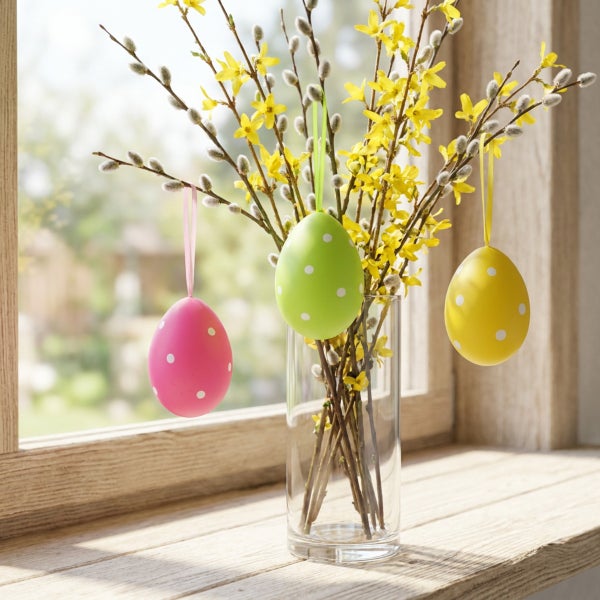 Osterdekoration mit bemalten Eiern an Weidenzweigen und Forsythien in einer Glasvase auf einer Fensterbank