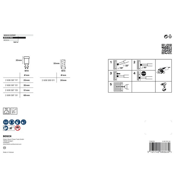 Technische Zeichnung von Bosch Pro Zubehör mit Maßangaben und Anwendungshinweisen