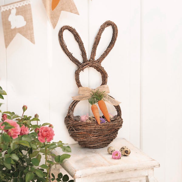 FRANK FLECHTWAREN|Wandhänger Hasenkörbchen, 20 x 11 x 45 cm, RATTAN, METALL, STYROPOR, MAISSTROH