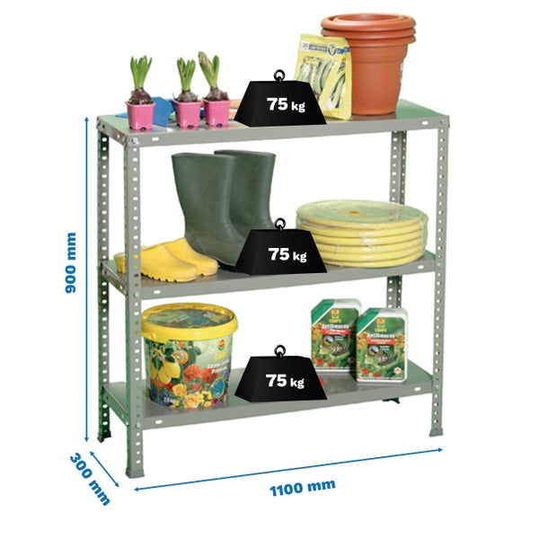 Metallregal mit 3 Fachböden, Maße 900 mal 1100 mal 300 Millimeter, Tragkraft 75 Kilogramm pro Boden, bestückt mit Gartenutensilien.