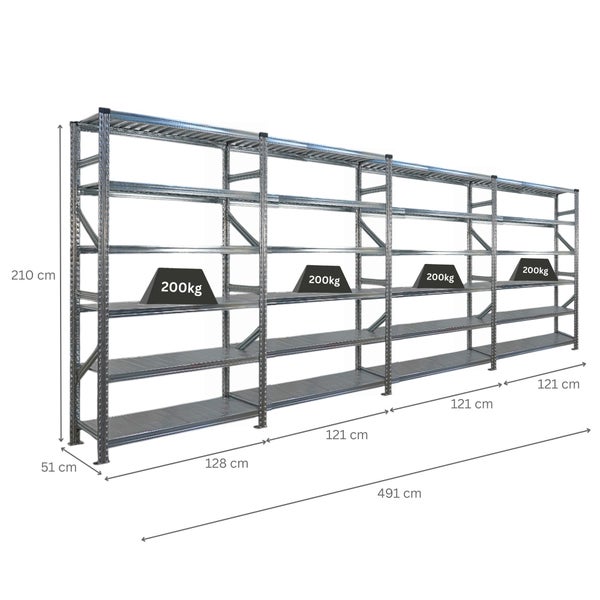 Stahlregalsystem mit vier Ebenen und Maßangaben