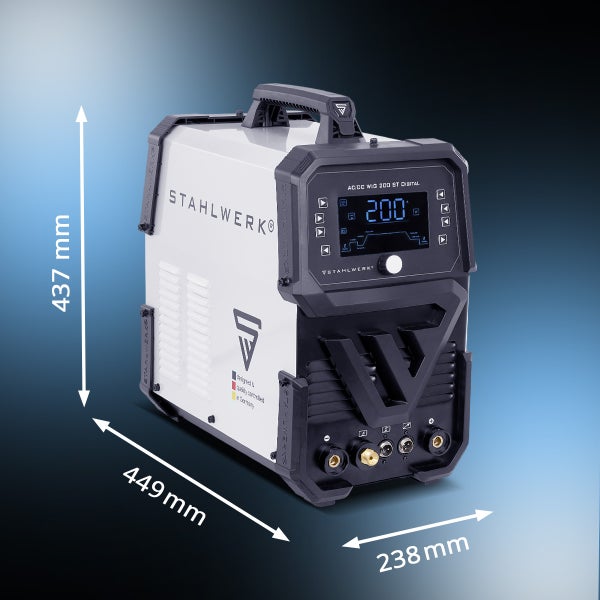 STAHLWERK AC/DC WIG 200 ST Digital Schweißgerät mit den Maßen 437 mm Höhe, 449 mm Breite und 238 mm Tiefe.