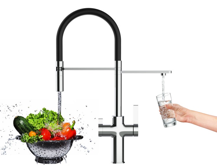 NIEDERDRUCK 3 Wege Wasserhahn Küchenarmatur, FC, mit 360° schwenkbarem Auslauf, abnehmbare 2 strahl Handbrause, Verchromt / Schwarz