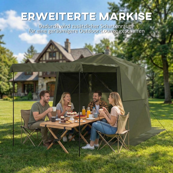 Vier Personen sitzen an einem Holztisch unter einer erweiterten Markise in einem Garten und genießen Speisen und Getränke.