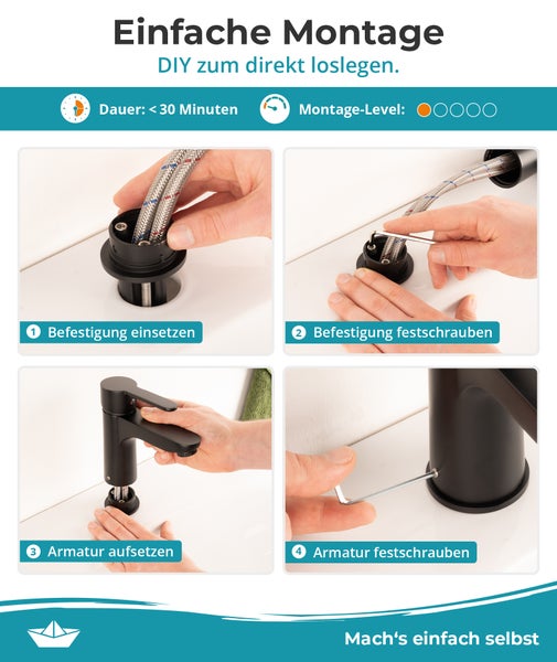 Montageanleitung schwarze Armatur: Befestigung einsetzen, festschrauben, Armatur aufsetzen und fixieren. Dauer weniger als 30 Minuten.