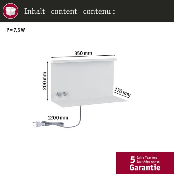 Inhalt: Wandleuchte mit Regal, Breite 350 Millimeter, Höhe 200 Millimeter, Tiefe 170 Millimeter, Kabellänge 1200 Millimeter, 7,5 Watt, 5 Jahre Garantie.