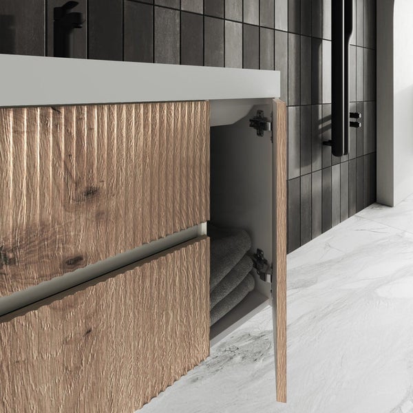 Unterschrank in goldeiche geriffelt in 80cm mit Waschtisch und Led Lichtspiegel | Cortina