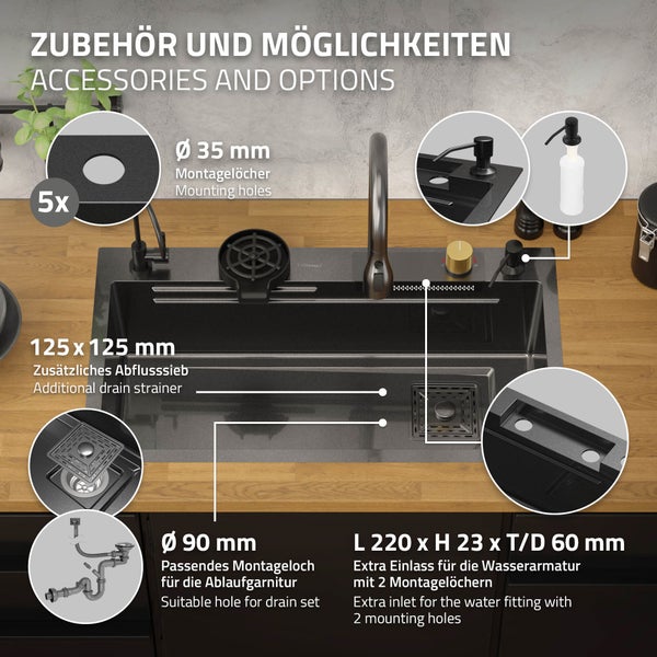 ML-Design Spülbecken Edelstahl 80x46 cm Anthrazit, Multifunktionale Küchenspüle rechteckig, Wasserfall Edelstahlspüle, Einbauspüle mit ausziehbarem Wasserhahn und anderem Zubehör, 1 Becken Waschbecken