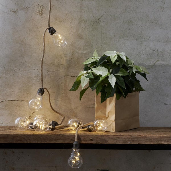 Dekorative Lichterkette mit Glühbirnen und einer Pflanze in einer Papiertüte auf einem Holztisch