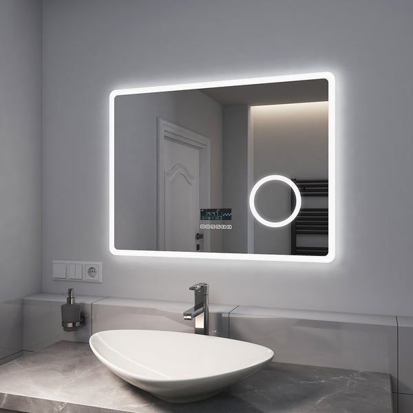 EMKE Badspiegel mit 3-fache Vergrößerung, LED Beleuchtung, 80x60cm, Kaltweißes Licht Dimmbar, Touch, Beschlagfrei, Bluetooth