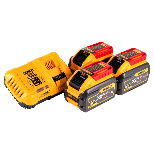 DeWalt Akku-Schnellladegerät DCB118 mit drei XR Flexvolt Lithium-Ionen Akkus 54 Volt beziehungsweise 18 Volt und 9,0 Amperestunden.