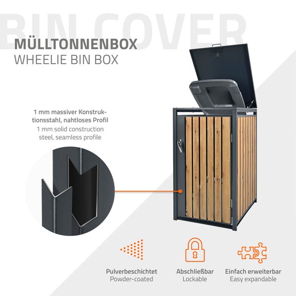 ML-Design Mülltonnenbox 1er für 1 Tonne 240L 68x80x116,3cm Anthrazit-Eichenoptik, Stahl, wetterfest, Abschließbare Mülltonnenverkleidung Klappdeckel/Tür, Müllbox Mülltonnecontainer Mülltonnenabdeckung