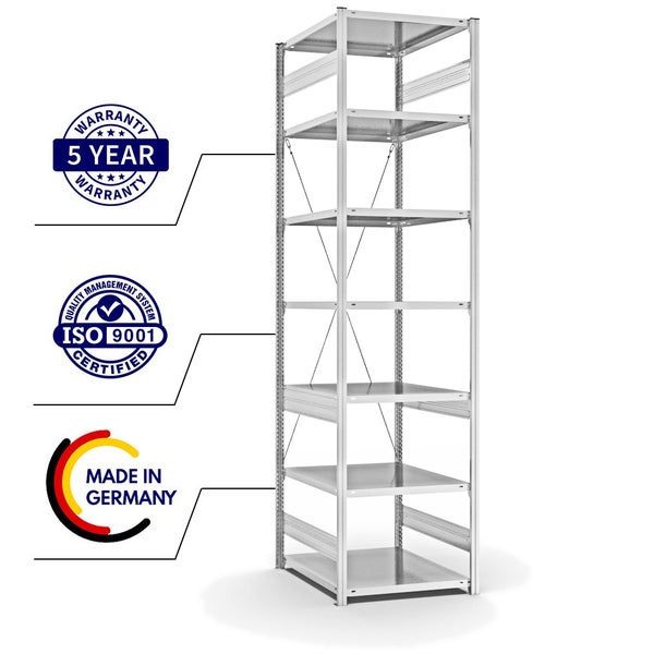 PROREGAL Fachbodenregal Stecksystem T-Profil Light-Duty Grundregal HxBxT 300 x 75 x 80 cm 7 Ebenen Fachlast 130 kg Einseitig Nutzbar Lichtgrau