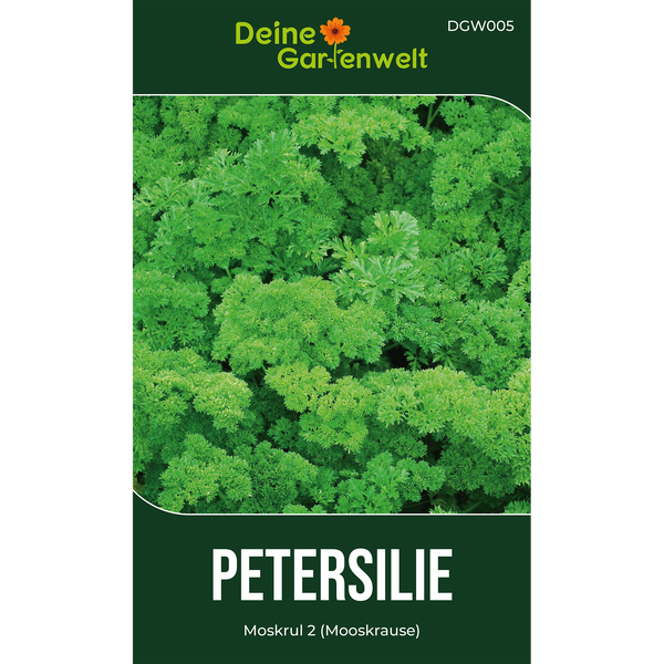 Samentüte für Petersilie Moskrul 2 Mooskrause mit einer Nahaufnahme von krausen Blättern und Deine Gartenwelt Logo.