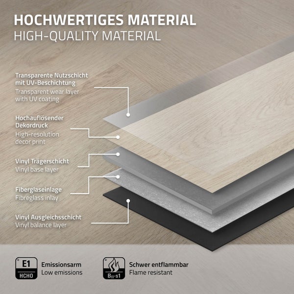 ML-Design Deluxe PVC Bodenbelag, Click Vinyl-Dielen Vinylboden, 61cmx12,8cmx4,2mm, Dicke 4,2mm, 3,12m²/40 Dielen, Fischgrät Eiche hell, Braun, Holzoptik, rutschfest, wasserfest, Belastungsklasse 34