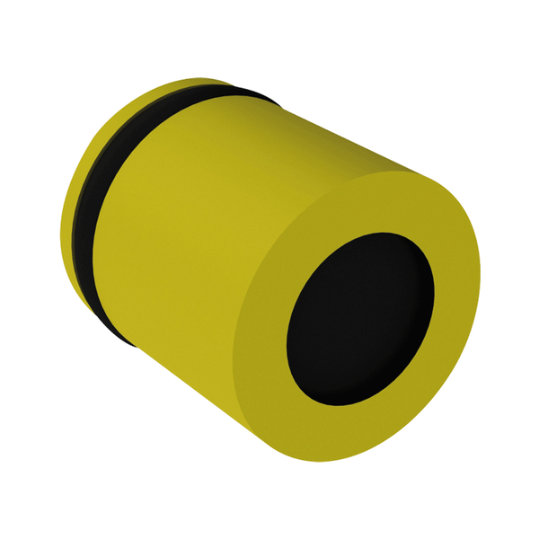 Gelbe zylindrische Rohrdurchführung mit schwarzer Dichtung.