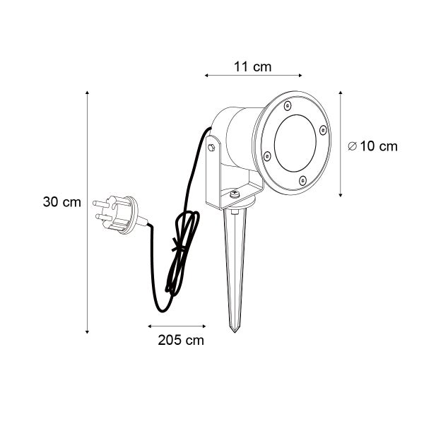 Maßzeichnung eines Gartenstrahlers mit Erdspieß. Höhe 30 Zentimeter, Durchmesser 10 Zentimeter, Länge 11 Zentimeter und Kabellänge 205 Zentimeter.