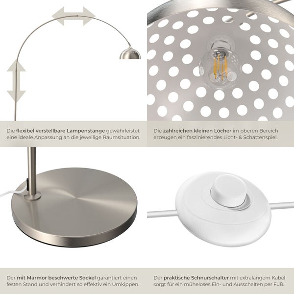 Detailansicht einer Bogenlampe mit Fußschalter und verstellbarem Lampenarm