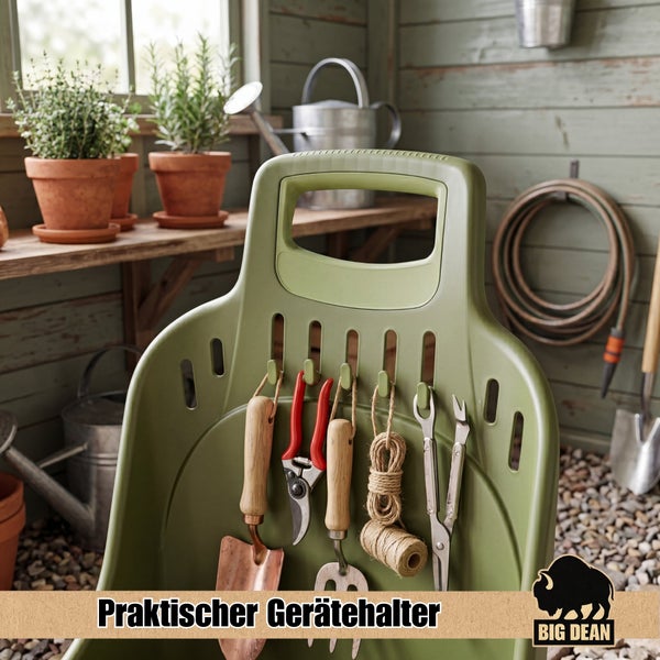 Wand-Gerätehalter aus Kunststoff mit Haken für Gartenwerkzeug zur Aufbewahrung in einem Gartenhaus. Big Dean Logo.