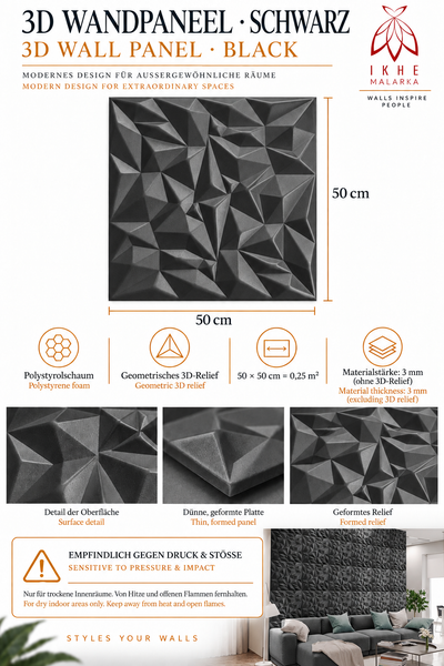 Quadratisches 3D Wandpaneel aus Polystyrolschaum mit geometrischem Relief in 50 mal 50 Zentimeter zur Wandgestaltung in trockenen Innenräumen.