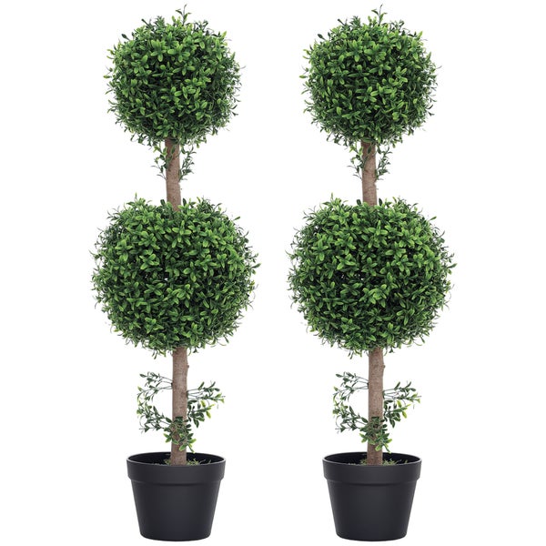 Zwei künstliche Buchsbaum Topiary Bäume in Kugelform mit zwei Ebenen in schwarzen Töpfen