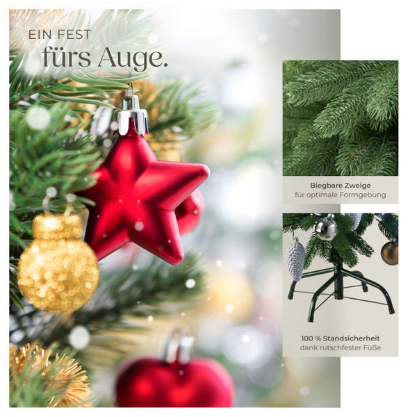 Nahaufnahme eines geschmückten Weihnachtsbaums mit rotem Stern, goldenen Kugeln und biegsamen Zweigen für optimale Formgebung sowie rutschfesten Füßen für Standsicherheit