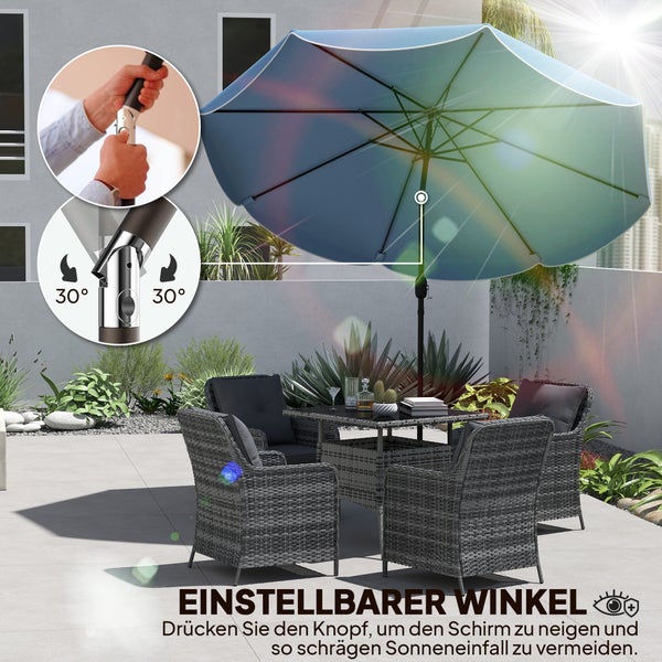 Sonnenschirm: 180 Gramm pro Quadratmeter Polyester, atmungsaktiv, spritzwassergeschützt, stabiler rostbeständiger pulverbeschichteter Rahmen.