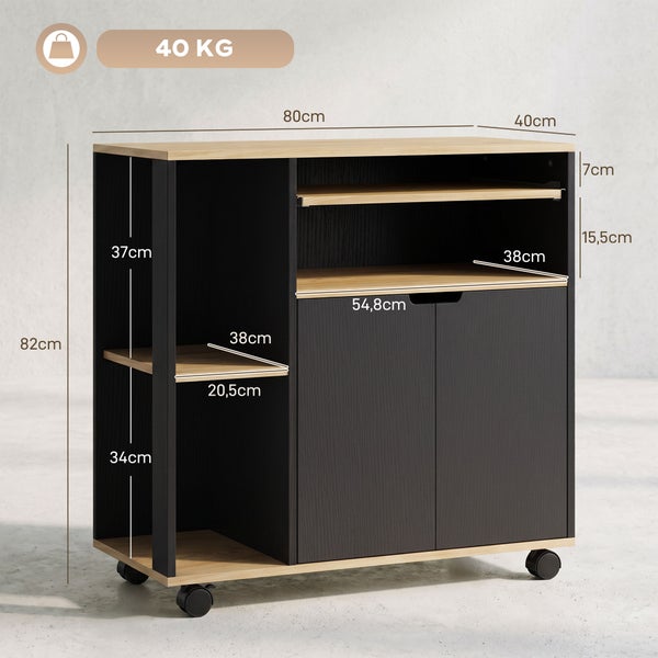 Mobiler Küchenschrank mit Regalfächern und geschlossener Tür, mit Maßangaben und maximaler Traglast von 40 Kilogramm.