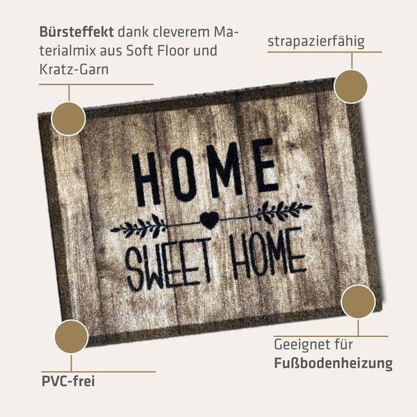 Akzente Listen Home Sweet HomeFußmatte 40x60 cm, rutschfest, trittschälldämmend, wetterbeständig, PVC-frei, Schmutzfänger