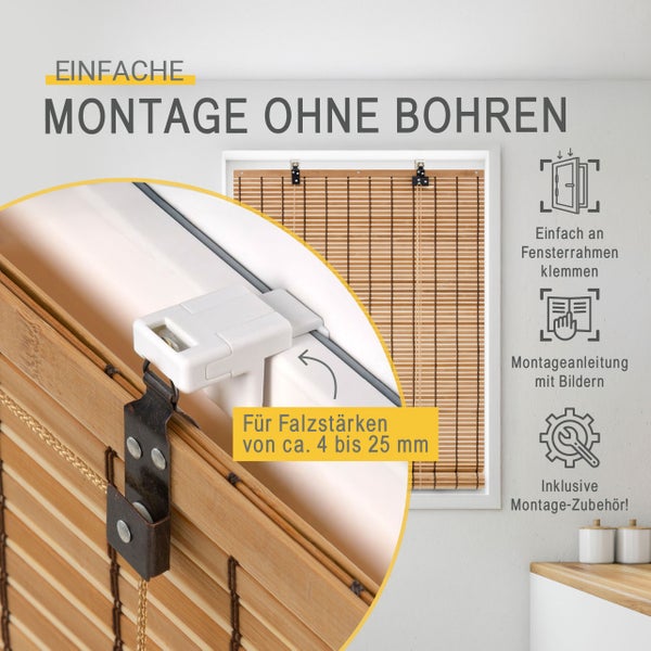 Bambusrollo Montage ohne Bohren mit Klemmträger für Falzstärken von circa 4 bis 25 mm inklusive Montagezubehör.