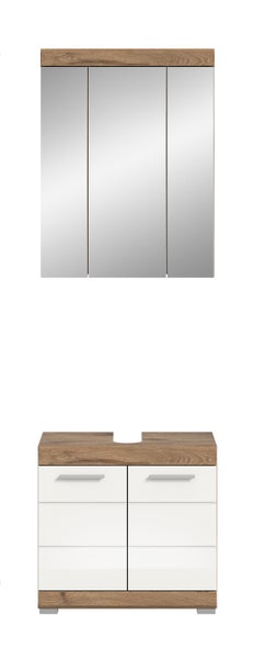 Badezimmermöbel-Set bestehend aus dreitürigem Spiegelschrank und Waschbeckenunterschrank in Eichenoptik und Weiß mit silbernen Griffen.