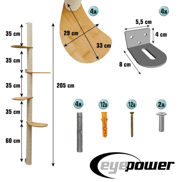 Technische Zeichnung eines deckenhohen Kratzbaums von Eyepower mit Maßangaben zu Elementen, Halterungen und Montagematerial.