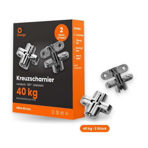 Zwei verdeckte Edelstahl Kreuzscharniere fuer 40 Kilogramm Belastbarkeit in Verpackung, Oeffnungswinkel 180 Grad, Hoehe 45 Millimeter.