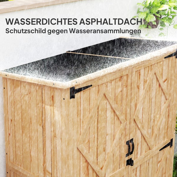 Outsunny Gartenschrank Holz, Geräteschuppen mit Abschließbar Doppeltür Asphalt-Dach Ablage 116,5x57x167cm, wetterfest Geräteschrank, Gerätehaus Gartenschuppen für Garten, Terrasse, Naturholz