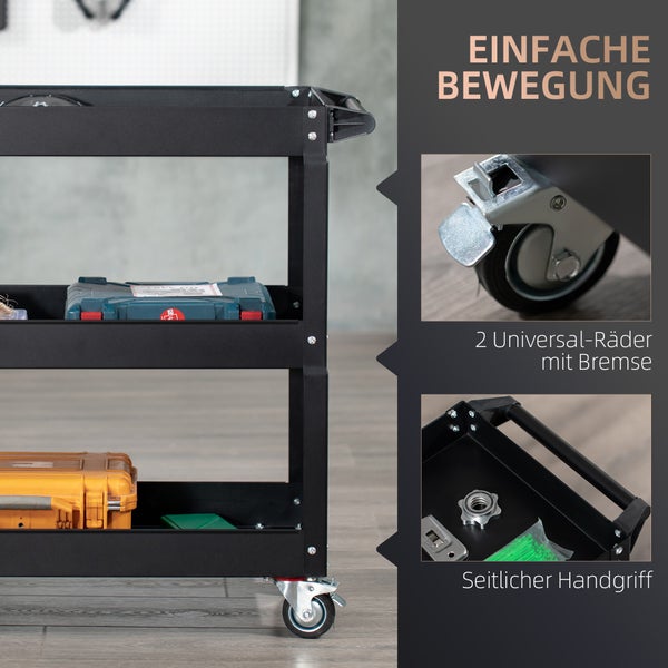 DURHAND Werkstattwagen mit 3 Etagen, Werkzeugwagen leer, Transportwagen mit seitlicher Griff, 4 Rollen, bis 150 kg Tragkraft, Stahl, 83 x 35,3 x 76 cm, Schwarz