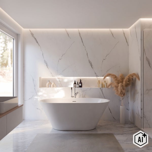 Modernes Badezimmer mit freistehender Badewanne vor einer Wand mit Marmorfliesen, integrierter Wandnische, indirekter Beleuchtung und Trockenblumen.