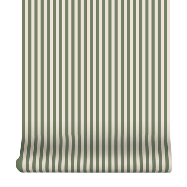 Tapetenrolle mit vertikalem Streifenmuster in Grün und Beige.