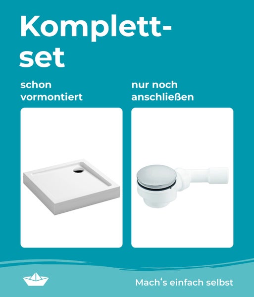 Calmwaters Duschwanne 90x90 cm Komplettset mit Schürze & Ablaufgarnitur, Schürze & Wannenfüße vormontiert, 4 mm Acryl, flach, 01SL6218