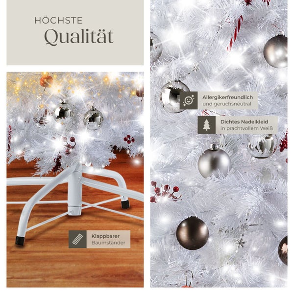 Detailansicht eines geschmückten, weißen Weihnachtsbaums mit Klappbaumständer und den Hinweisen: Höchste Qualität, allergikerfreundlich und geruchsneutral, dichtes Nadelkleid