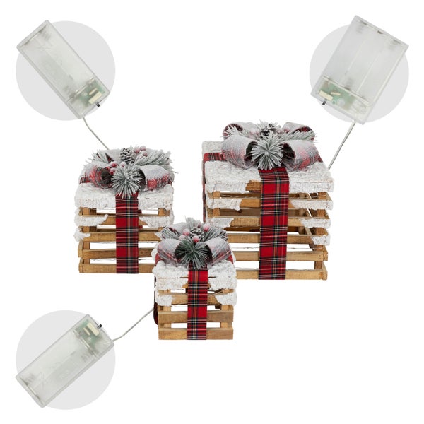 ECD Germany 3er Set LED Geschenkboxen, Braun, Holz geschneit, batteriebetrieben mit Timer, Weihnachtsdeko Weihnachten Geschenk Beleuchtet Weihnachtsbaum Dekoration Weihnachtsgeschenkbox Leuchtkästen