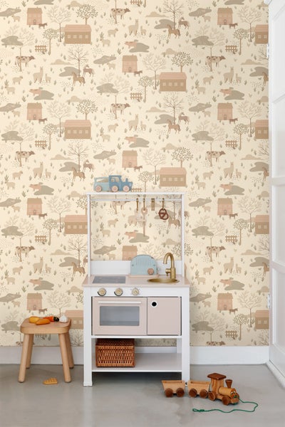 Tapete mit Bauernhofmotiven im Kinderzimmer