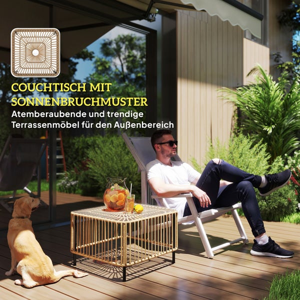 Outsunny Polyrattan Gartentisch, 65 x 65 x 43 cm, wetterfest Beistelltisch quadrarischer Terrassentisch mit Glasplatte Couchtisch Balkontisch Gartenmöbel für Garten, Terrasse, Balkon Naturholz