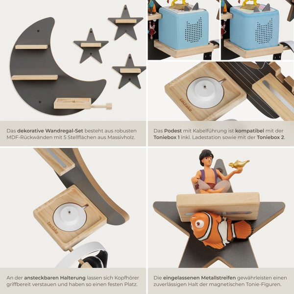 Wandregal Set für Toniebox mit Mond und Sternen aus MDF und Massivholz zur Aufbewahrung von Tonie Figuren und Kopfhörern