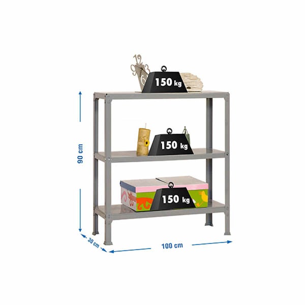 Graues Metallregal mit 3 Fachböden, Belastbarkeit 150 Kilogramm pro Boden, Maße 90 Zentimeter hoch, 100 Zentimeter breit, 30 Zentimeter tief.