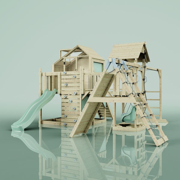 Holzspielplatz mit Rutsche, Kletterwand, Schaukel und Spielhaus