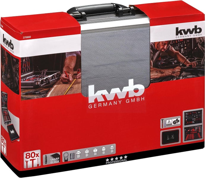 kwb Werkzeugkoffer, 80-teilige Werkzeug-Set, aus robustem Aluminium, abschließbar, gepolstert mit Werkzeugeinlagen aus Schaumstoff, hochwertiger Werkzeugsatz, ideal für Werkstatt und unterwegs