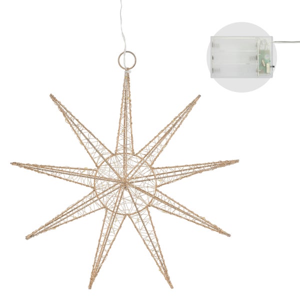 ECD Germany LED Deko Weihnachtsstern mit 30 warmweißen LEDs, 30cm, Gold, batteriebetrieben, Metall, Weihnachten Schneeflocke zum Aufhängen mit Beleuchtung & Timer, Innen, Weihnachtsdeko Fensterdeko