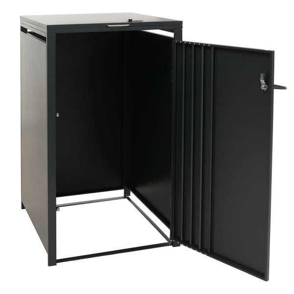 Mülltonnenbox mit geöffneter Tür zur Aufbewahrung von Mülltonnen