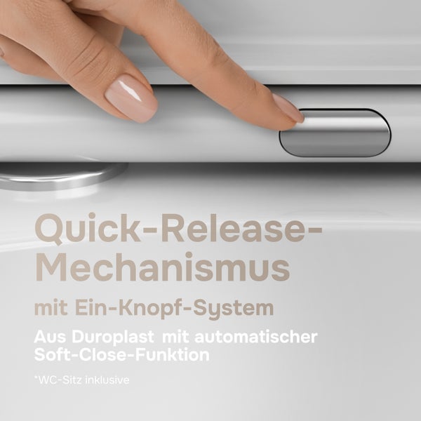 Hand drückt Knopf für Quick Release Mechanismus an einem WC Sitz aus Duroplast mit Soft Close Funktion.