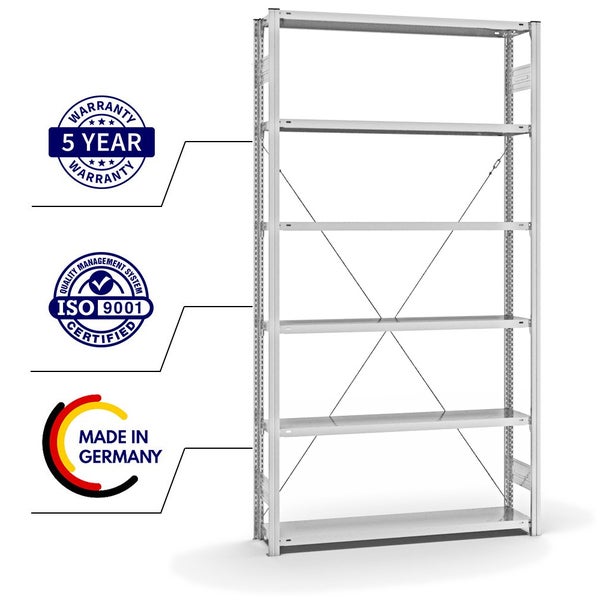 PROREGAL Fachbodenregal Stecksystem T-Profil Light-Duty Grundregal HxBxT 250 x 130 x 30 cm 6 Ebenen Fachlast 175 kg Einseitig Nutzbar Lichtgrau